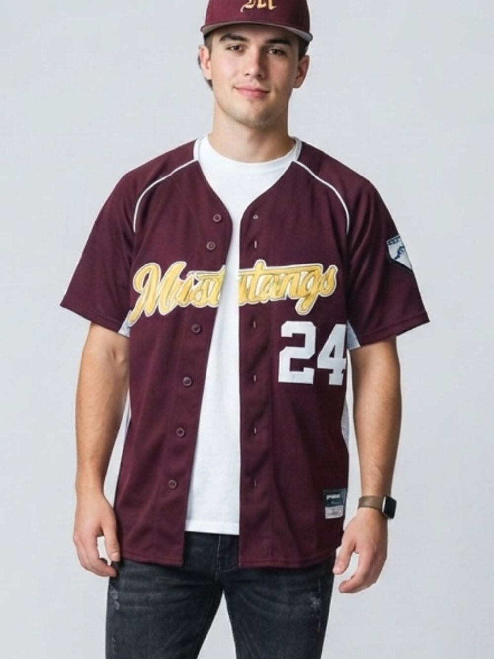 Mustangs Mens Maroon Baseball Jersey White Accents Button Up Athletic Size Small